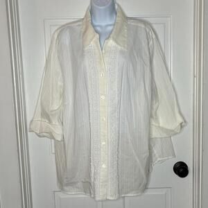 Alfred Dunner Women's White Collared Button-Up Shirt w Lace Trim Front - 22W NWT